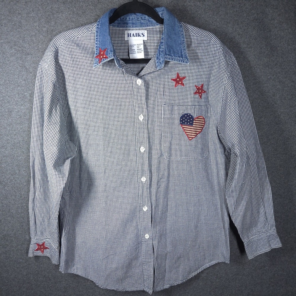 Vtg HAIKS Y2K Gingham Shirt Denim Collar‎ Americana Patches Med